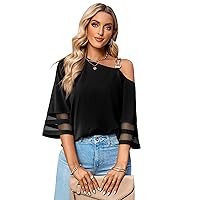 Flygo 2023 Women Summer Solid Color Loose Fitting Chiffon Blouse 3/4 Bell Sleeve Flowy Shirts Dressy Casual Cute Summer Tops