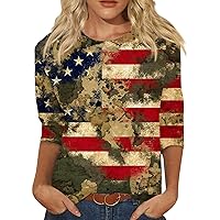 4th of July Tops for Women,Women's Summer Casual 3/4 Sleeve Independence Day Crewneck Pullover Top Blouses