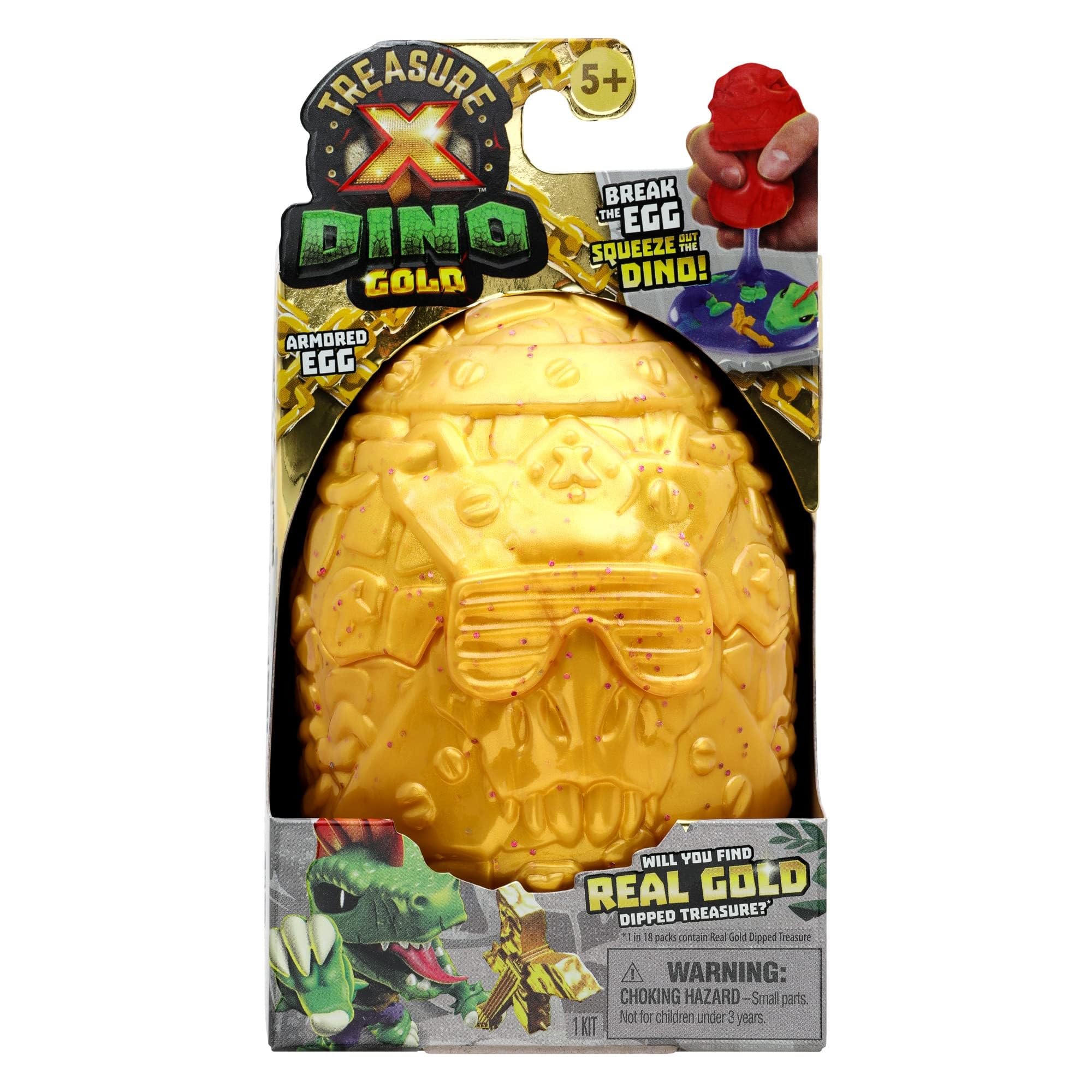 Treasure X Dino Gold Armored Egg. Break The Egg. Squeeze The Ooze Out. Smash The Fossil to Find The Treasure. Then Build The Dino and Display. Styles May Vary