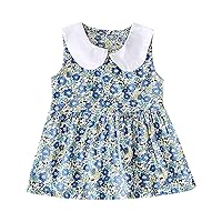 Infant Girls Sleeveless Pure White Collar Floral Pattern Button Decoration Casual Dress Summer Baby 1st