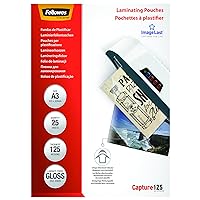 Fellowes A3 Laminating Pouches, Gloss, 250 Micron (2 x 125 Micron) with Image Last Directional Quality Mark - Pack of 100, Transparent