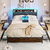Queen Size Platform Bed Frame with Upholstered Shelf Headboard and 4 Under-Bed Storage Drawers, Outlet with Charging Port & LED Light Design, No Box Spring Needed, Vintage Brown