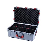 Pelican 1650 Case Silver - Large Sized Waterproof Rolling Case with TrekPak Divider System & Convoluted Lid Foam - Red Handles & Latches