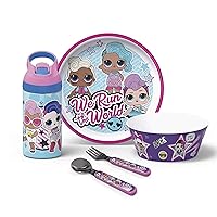 Zak Designs L.O.L. Surprise! Series Kids Plate, Bowl, Water Bottle & Flatware Set, Series 1-3 Characters, 5-piece set