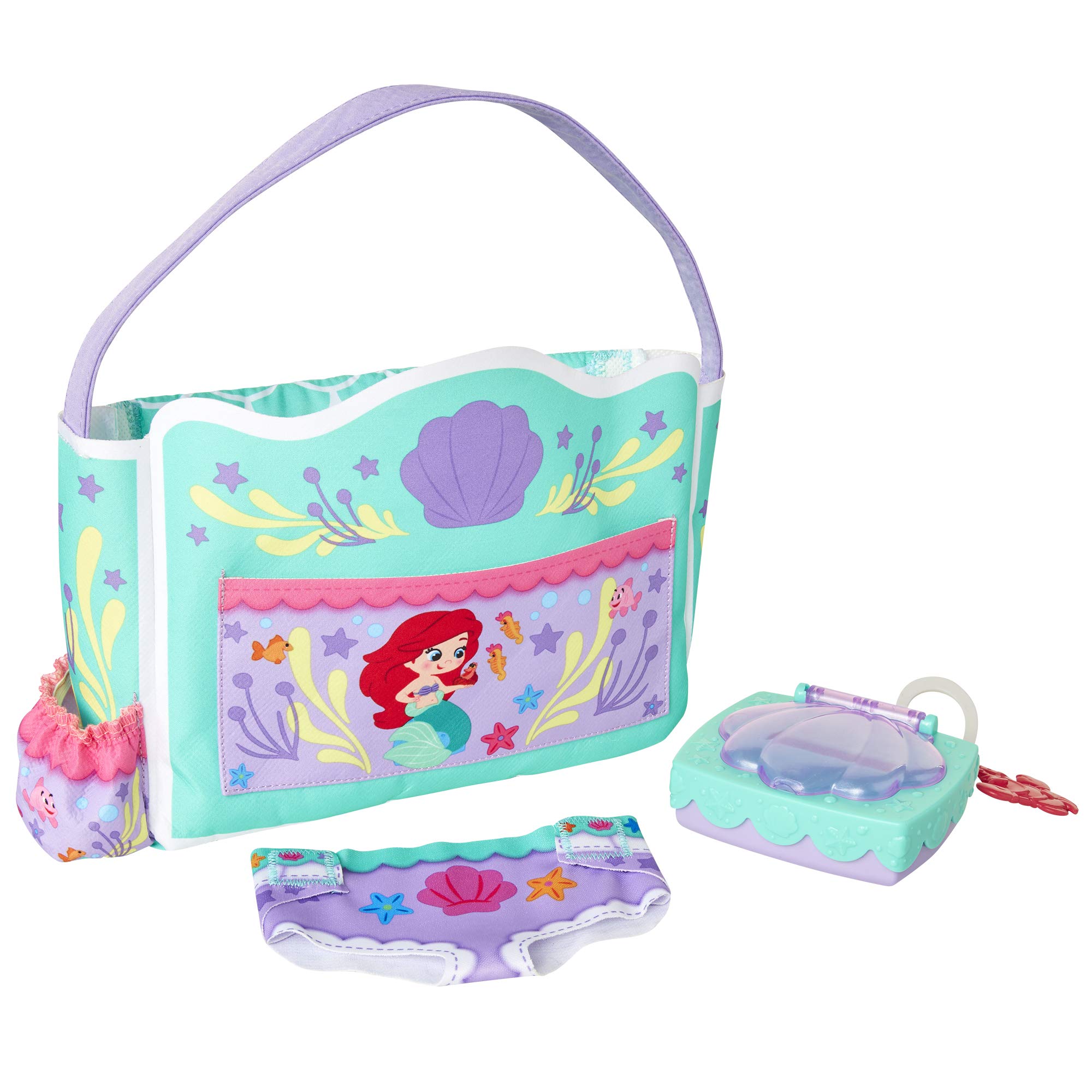 My Disney Nursery Baby Doll Accessories, Ariel Transforming 2-in-1 Diaper Bag & Changing Pad for Dolls Inspired by Disney The Little Mermaid! Pretend Wipes Toy Container, Diaper Clip with Charm