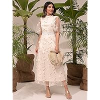Women's Dress Mock Neck Embroidery Mesh Dress Dresses for Women (Color : Beige, Size : Small)