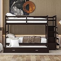 Twin Over Twin Bunk Bed with Stairs Storage and Trundle, Stairway Bunkbeds for 3 with 4 Side Drawers and Guardrails, Wooden Bedframe for Kids Teens Adults Bedroom, Espresso