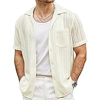 VATPAVE Mens Summer Lace Shirts See Through Sheer Shirts Casual Short Sleeve Button Down Beach Shirts