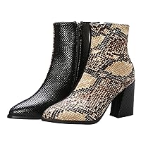 BIGTREE Ankle Boots for Women Contrast Stitching Snakeskin Pointed Toe Fashion Booties with Chunky Block Heel