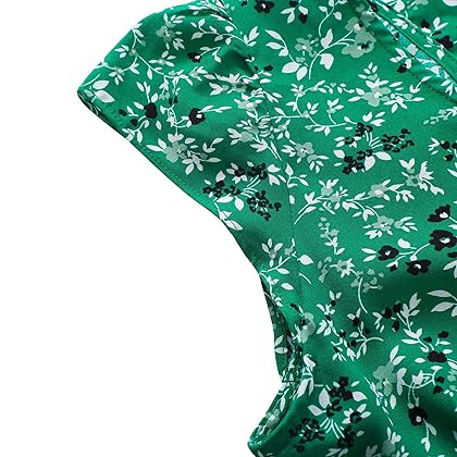 Women's V-Neck Heart-Shaped Back Collar Small Lotus Sleeve Floral Long Dress (Green, Medium)