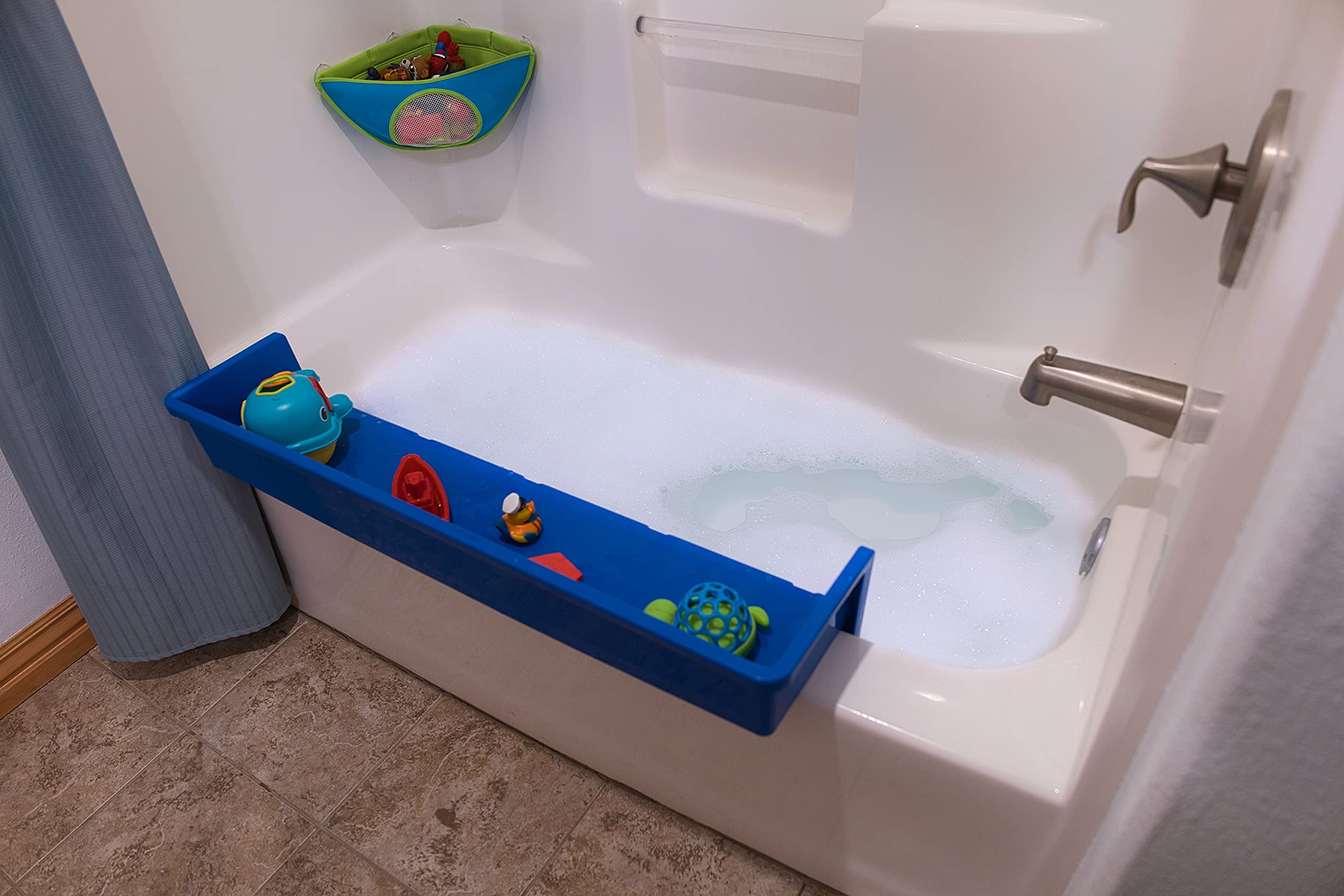 Tub Topper® Bathtub Splash Guard Play Shelf Area -Toy Tray Caddy Holder Storage -Suction Cups Attach to Bath Tub -No Mess Water Spill in Bathroom -Fun for Toddlers Kids Baby