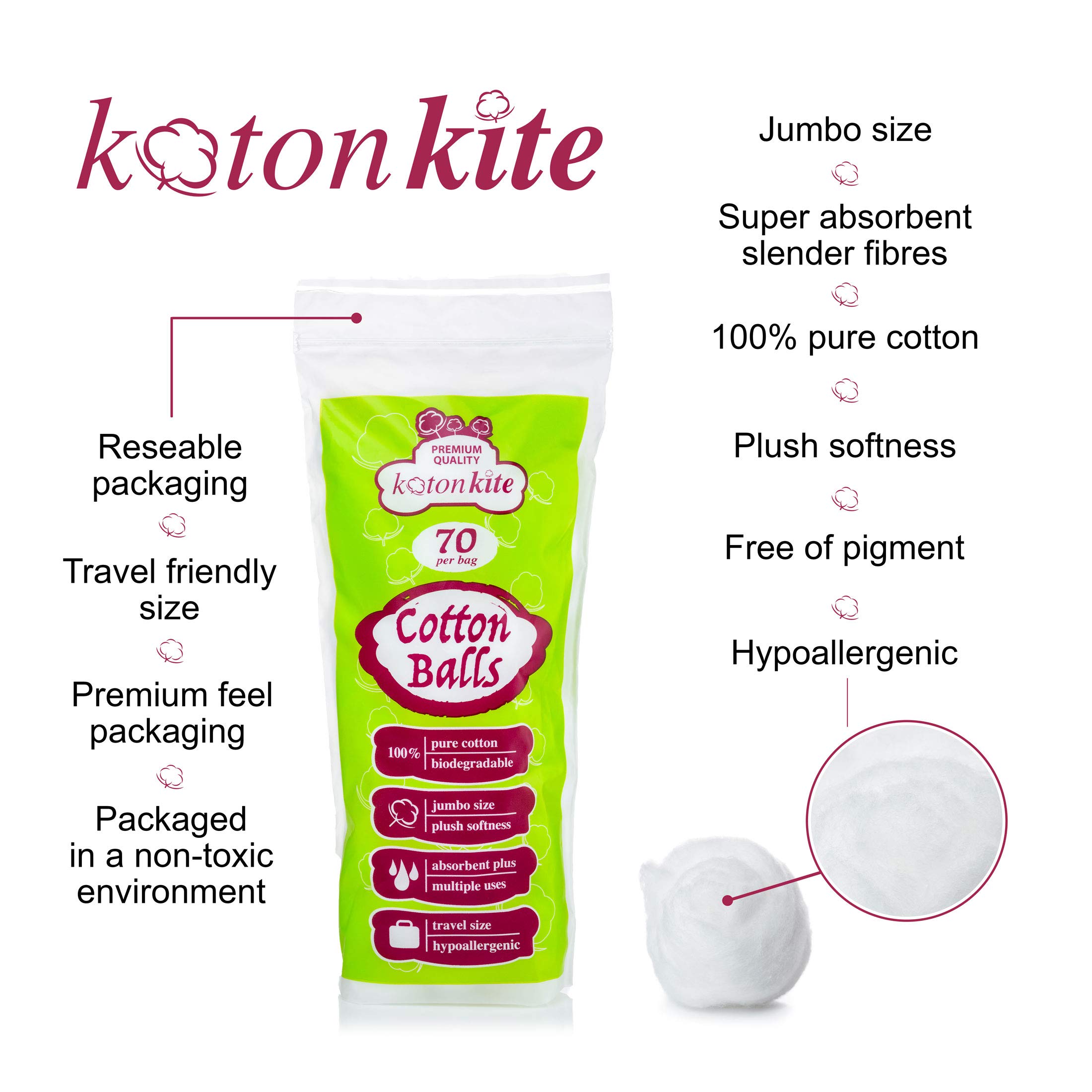 Jumbo Cotton Balls - 210 ct (3 Packs of 70) - Premium Quality, 100% Biodegradable, Super Soft & Absorbent. Use for Nail Polish & face Make-up Removal, Skincare, Medical use, Baby Care, Arts & Crafts