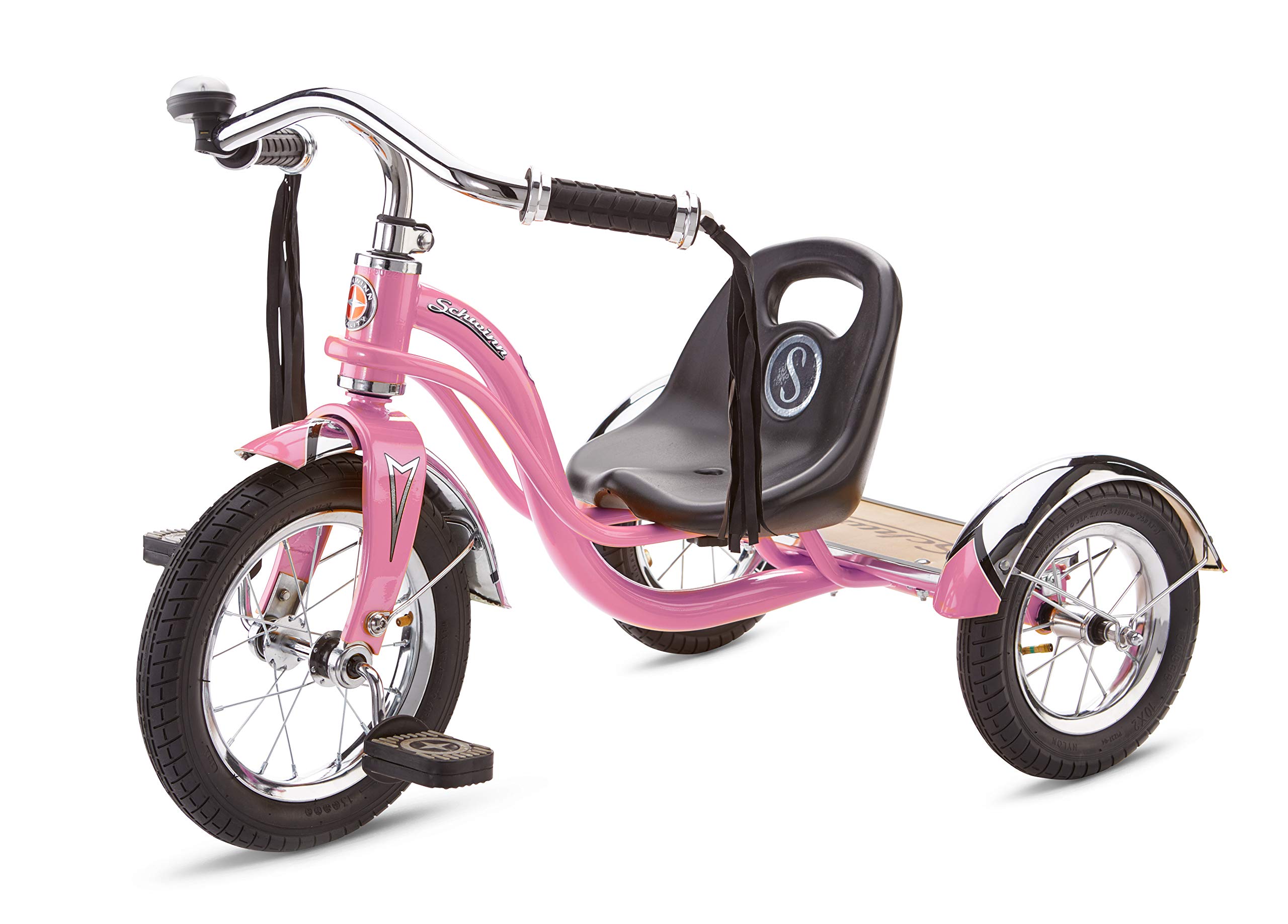 Schwinn Roadster Bike for Toddler, Kids Classic Tricycle, Low Positioned Steel Trike Frame w/ Bell & Handlebar Tassels, Rear Deck Made of Genuine Wood, for Boys and Girls Ages 2-4 Year Old, Light Pink