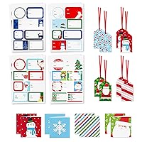 Hallmark Christmas Gift Tags with Ribbon, Sticker Seals, and Mini Notecards (Santa, Snowman, Stripes, Red, Green, Blue) for Gift Bags and Wrapped Presents