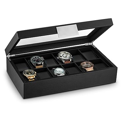 Glenor Co Watch Box Organizer for Men - 12 Slot Luxurious & Masculine Carbon Fiber Textured Case - Large Watch Holder - Glass Top Watch Display Case - Metal Accents - Watch Cases for Men – Black