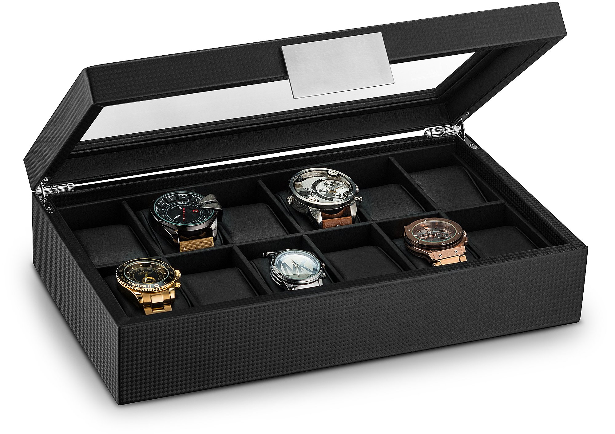 Glenor Co Watch Box for Men - 12 Slot Luxurious & Masculine Carbon Fiber Textured Watch Case, Sturdy Hinges, Large Watch Holder, Glass Top Watch Organizer for Men - Metal Accents - Black