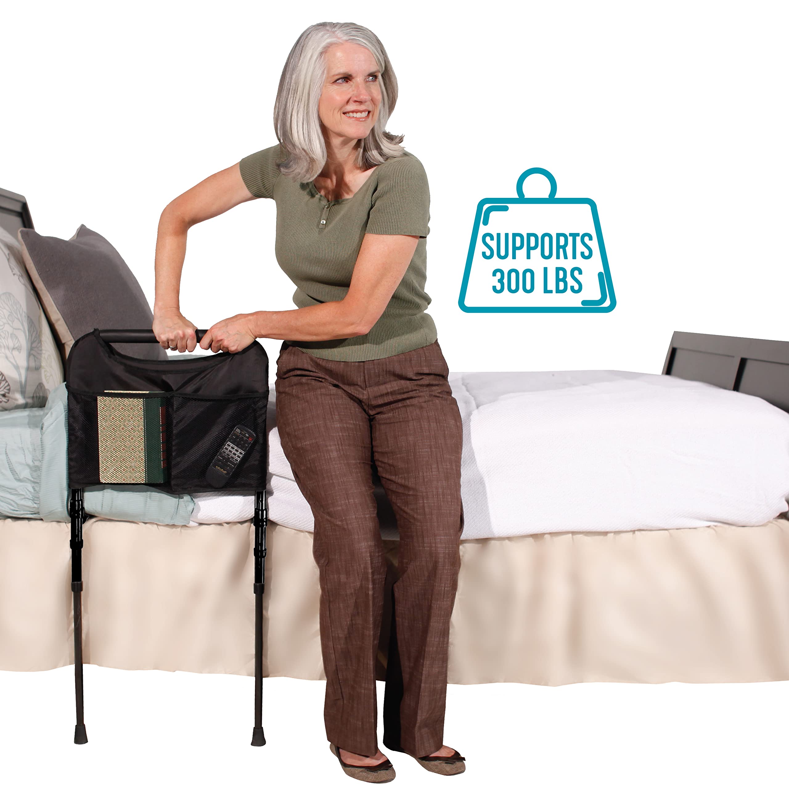 Able Life Sturdy Bed Rail, Adjustable Stand Assist Bed Bar with Support Legs for Fall Prevention, Bedside Rail Mobility Aid with Organizer Pouch for Adults, Seniors, and Elderly, Fits Most Beds