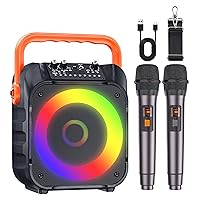 Karaoke Machine with Two Wireless Microphones, Portable Karaoke Machine for Adults & Kids, Portable Bluetooth Speaker with PA System, LED Lights, Supports TF Card/USB, AUX in, FM, USB,TWS (Orange)