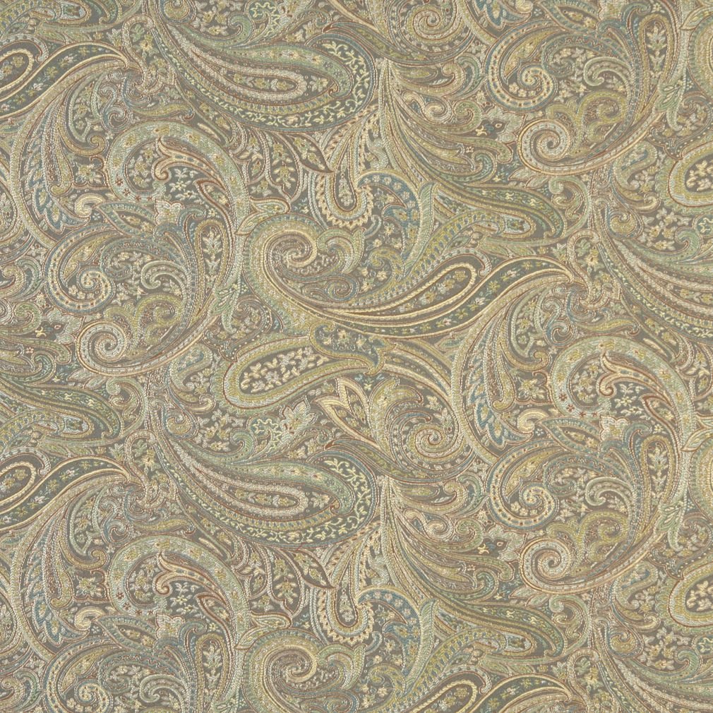 F327 Brown Blue and Green Paisley Contemporary Upholstery Grade Fabric by The Yard