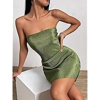 Dresses for Women Solid Backless Satin Tube Dress (Color : Army Green, Size : Large)