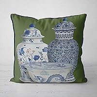 ArogGeld Chinoiserie Pillow Cover Oriental Decor Green Sofa Chinese Cushion Scatter Cushions Blue And White Asian Vase Trio Home Decorative Pillows For Bedroom Birthday Gift, 18inX18in