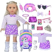 29 Pcs American Doll Clothes and Accessories, Cute Travel Play Set fit 18 Inch Doll with Purple Clothes Suit, Unicorn Suitcase, Handbag, Lipstick, Camera, Sunglasses for Kids