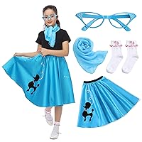 Kids Sock Hop Costume, Girls 1950s Dress Costume, 50's Poodle Skirt with Scarf, Glasses and Socks