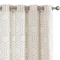 Grey Window Curtains Linen Textured Curtains 63 Inch Long Honeycomb Embroidered Design Living Room Curtain Geometric Patterned Drapes Bedroom Bronze Grommet Window Treatment Set 2 Panels
