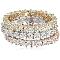 Amazon Collection Tri-Tone Sterling Silver Cubic Zirconia All-Around Band Stacking Ring Set (Set of 3), Size 7