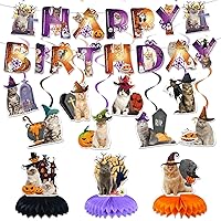 Halloween Cat Birthday Party Supplies Halloween Cat Birthday Party Decorations Includes 1 Birthday Banner, 3 Halloween Cat Honeycomb Centerpieces, 8 Hanging Swirls