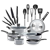 SereneLife Kitchenware Pots & Pans Basic Kitchen Cookware, Black Non-Stick Coating Inside, Heat Resistant Lacquer (20-Piece Set), One Size, gray