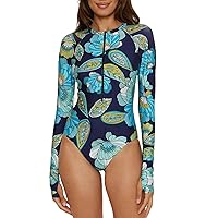 Trina Turk Women's Pirouette Paddle One Piece Swimsuit, Long Seelve, Zip-up, Floral Print, Bathing Suits