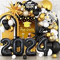 Graduation Balloons Garland Arch Kit, Graduation Balloons Class of 2024, Black and Gold White Latex Balloons with Graduation Class Foil Balloons for 2024 Graduation Party Decor