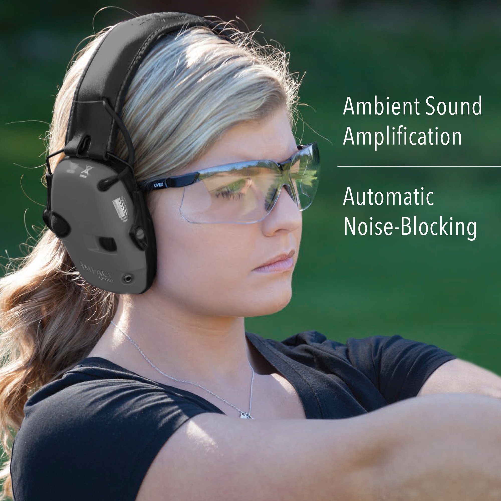 Howard Leight by Honeywell Impact Sport Sound Amplification Electronic Shooting Black Earmuff with Genesis Sharp-Shooter Shooting Glasses, Clear Lens