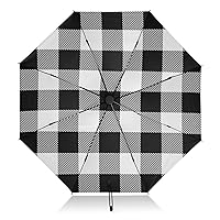 White Black Buffalo Plaid Scotland Travel Umbrella Reverse Compact Umbrella for Rain Sun Portable 8 Ribs Large Windproof UV Umbrella Automatic for Women Men