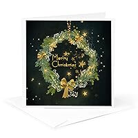 3dRose Greeting Card - Merry Christmas, green wreath, yellow stars and snowflakes card, gift - Alexis Design - Holidays Christmas