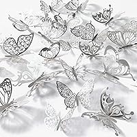 3D Butterfly Decoration 60Pcs Wall Decal, Birthday Cake Party Decor 5 Style Sticker Art Craft, Kid Nursery Classroom Wedding Baby Shower Girl Bedroom Home Room Office Gift Decorative (Silver)