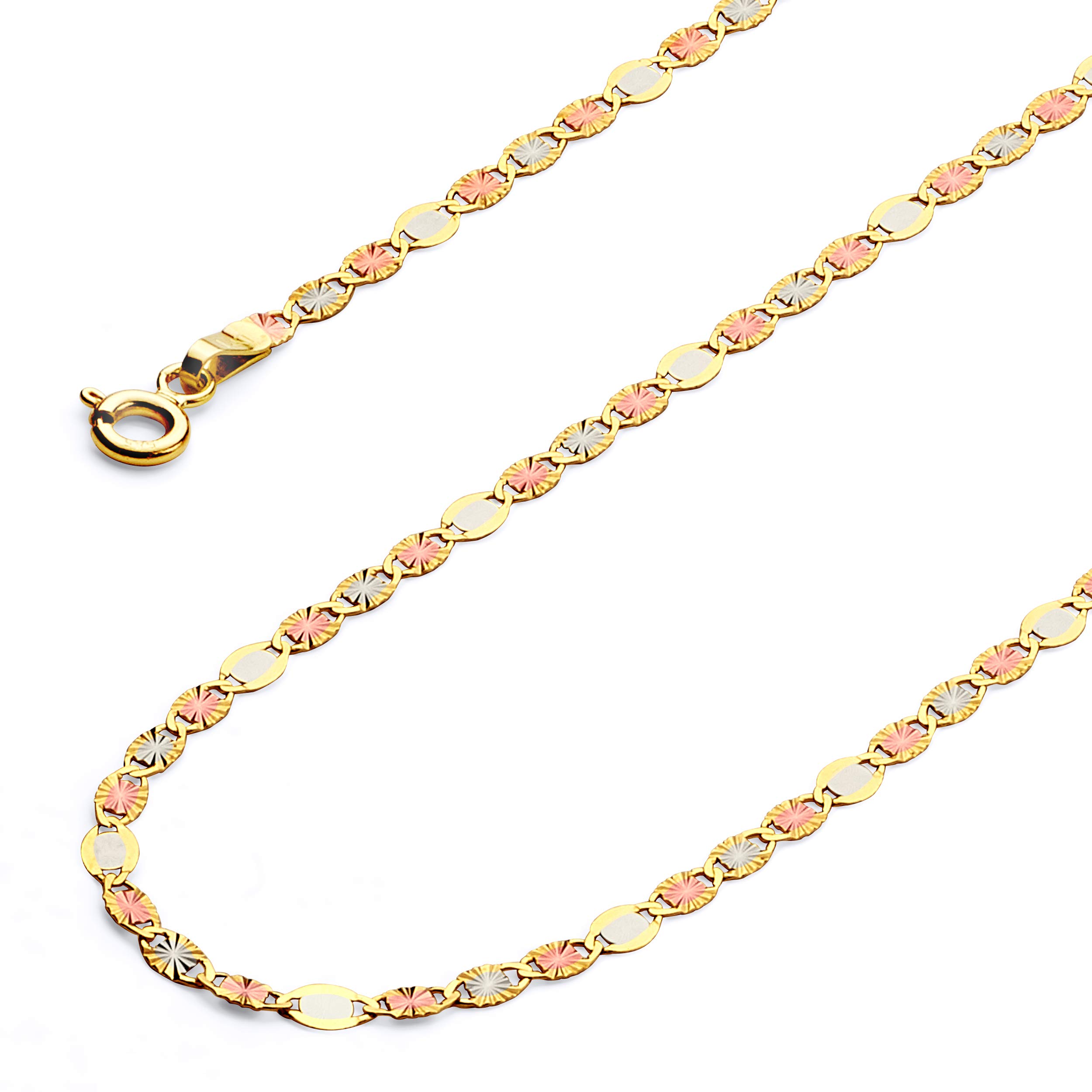 The World Jewelry Center 14k Real Tri Color Gold Solid 2mm Flat Star Diamond Cut Chain Necklace with Spring Ring Clasp