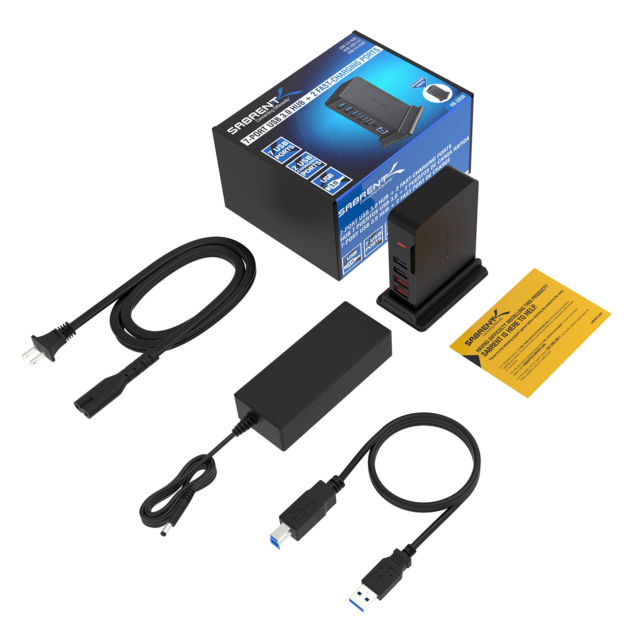 SABRENT 7 Port USB 3.0 HUB + 2 Charging Ports with 12V/4A Power Adapter [Black] (HB-U930)
