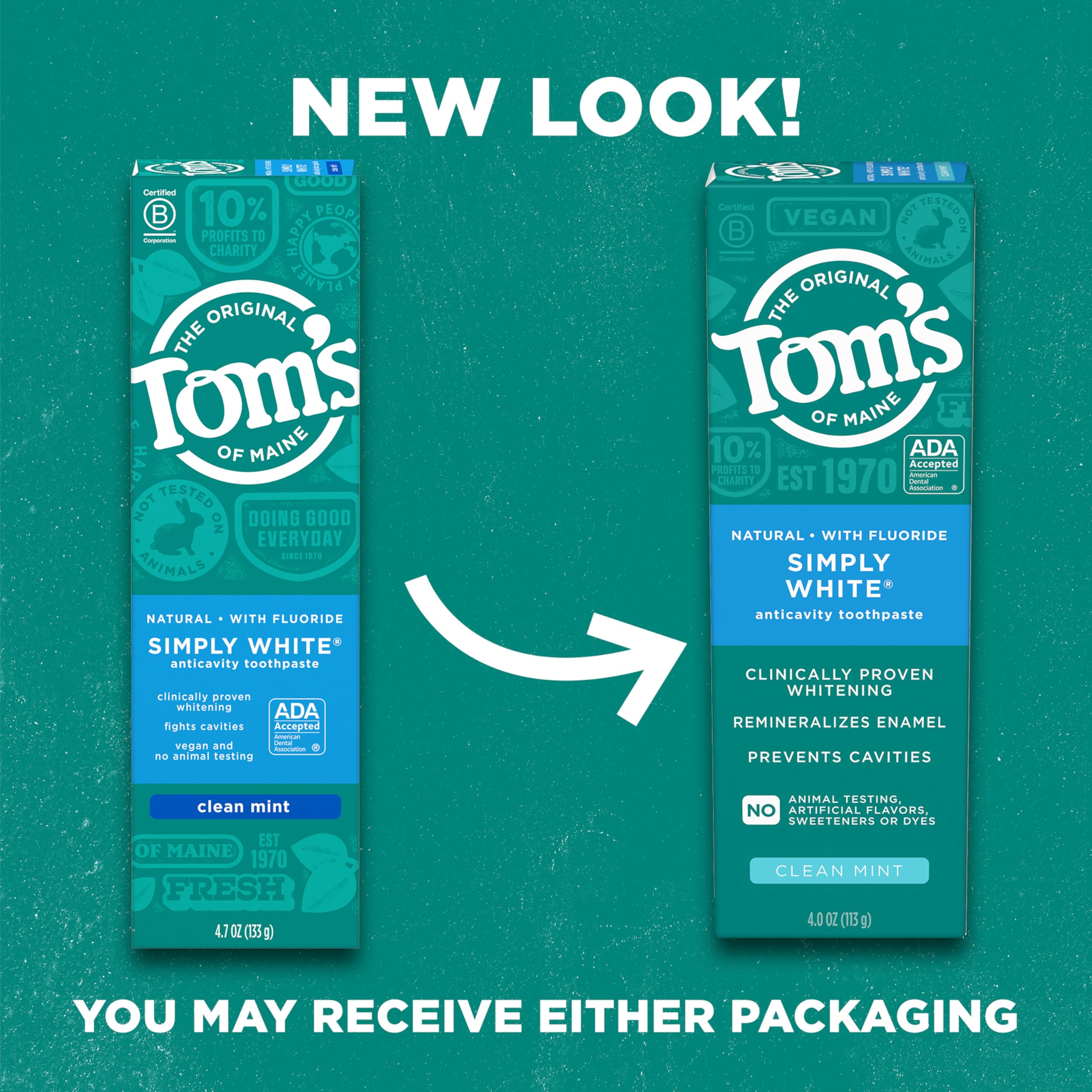 Tom’s of Maine Simply White Anticavity Toothpaste with Fluoride, Clean Mint, 3 Pack, 4.0 Oz