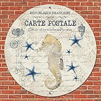 French Carte Postale Postcard Nautical Ocean Sea Horses Starfish Round Metal Sign Vintage Metal Art Prints Distressed Home Pub Sign Plaque Wreath Sign for Pub Farmhouse Decor Novelty Gift Idea 12 Inch