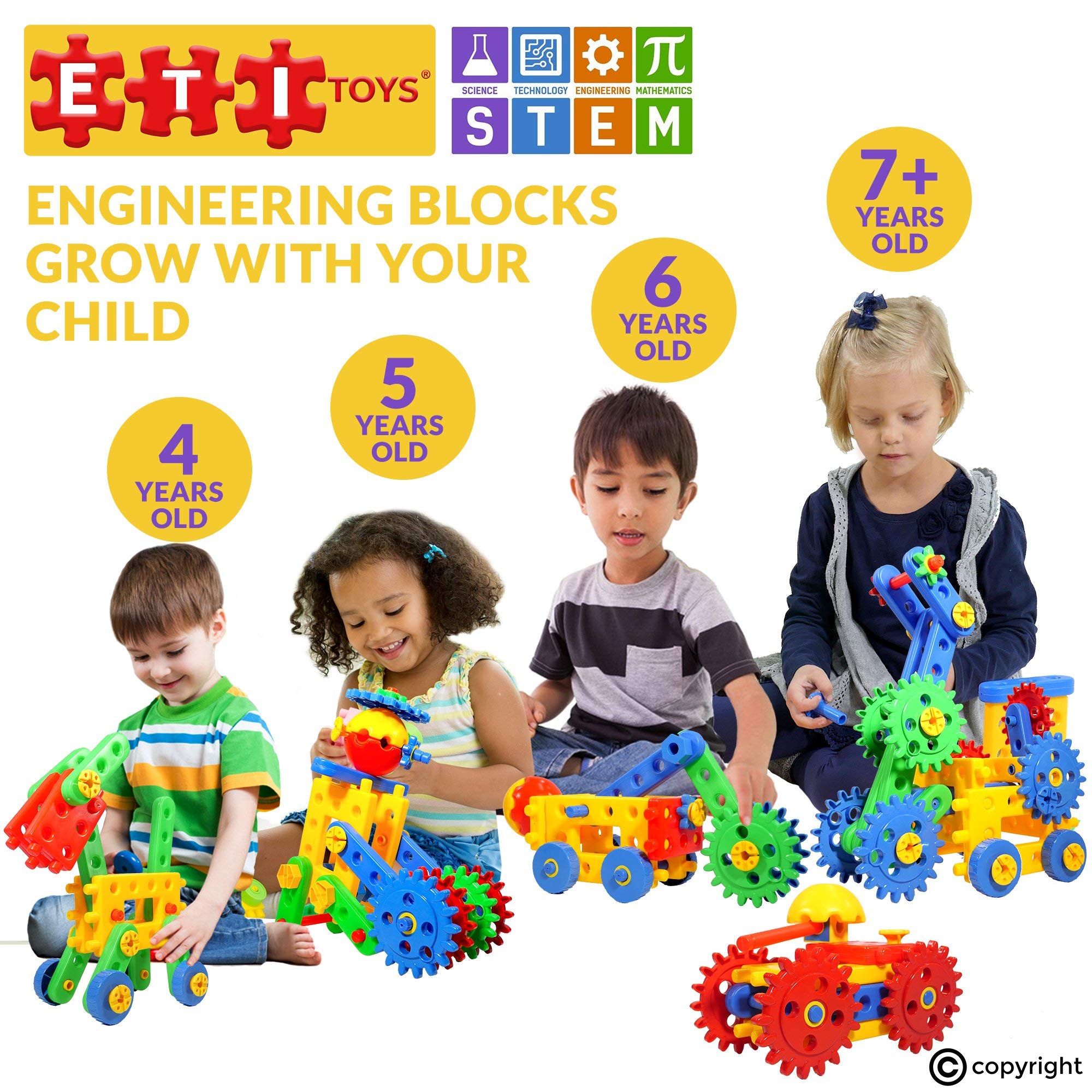 ETI Toys, STEM Learning, 109 Piece Educational Engineering Construction Blocks & Gears Building Set. Build Excavator, Horse & Buggy and More. Gift, Toy for 4, 5, 6, 7 Year Old Boys and Girls