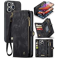 SZHAIYU 2 in 1 Detachable Compatible with iPhone 15 Pro Max Wallet Case with Card Holder, Retro Premium Flip Leather Cover Magnetic Zipper Pocket Phone Cases 6.7'' (Black, IP 15 Pro Max)