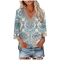 Ladies 3/4 Length Sleeve Tops Womens Summer Casual Shirt V Neck Loose Blouse Floral Print Tunic Tshirt Graphic Tees