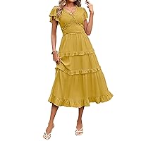 MEROKEETY Womens 2023 Summer Casual V Neck Flutter Sleeve High Waist Ruffle Tiered Midi Dress