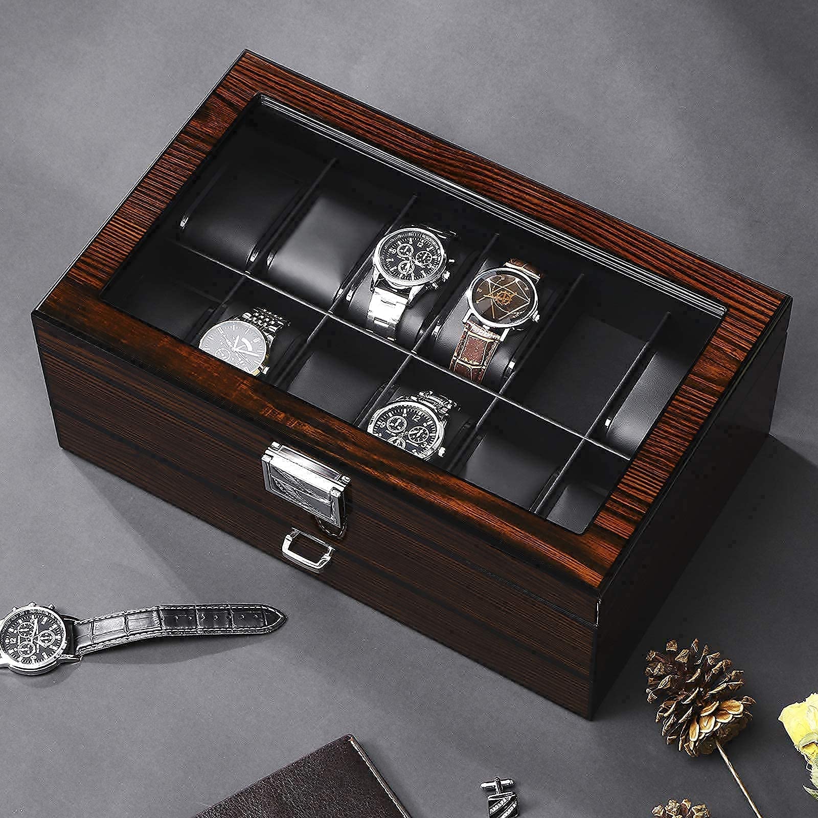 BEWISHOME 12 Watch Box with Valet Drawer & 6 Watch Case and 3 Slots Sunglasses Box for Men Bundle