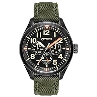 Citizen Men's Sport Casual Garrison 3-Hand Eco-Drive Cordura® Strap Watch, Arabic Markers, Black Ion-Plated, 12/24 Hour Time, Luminous Hands and Markers, Field Watch