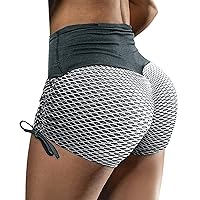 Women Adjustable Side Ties Brazilian Textured Booty Shorts Summer High Waist Tummy Control Yoga Butt Lifting Shorts