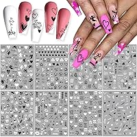 Black White Heart Letter Nail Stickers- Valentine's Day Nail Art Stickers Flower Alphabet Cupid Love Hearts Nail Supplies 8 Sheets 3D Nail Art Design Heart Nail Decals for Women DIY Valentines Nails