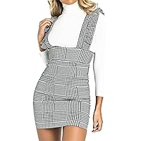 Ladies Pinafore Check Hounds Tooth Tartan Strap Frill Casual Wear Mini Dress US 4-10